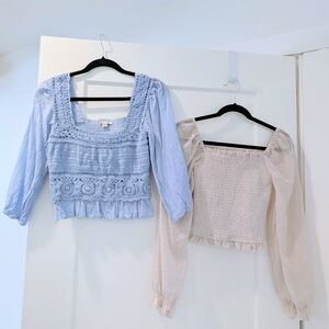 Two XS Milkmaid Puff Sleeve Smocked Crop Tops Pastel Crochet Ruched Cottagecore